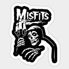 a sticker that says mistis with a skeleton holding a knife in it's hand