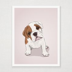 a brown and white dog sitting on top of a pink background