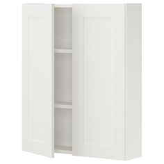 a white cabinet with two doors and shelves