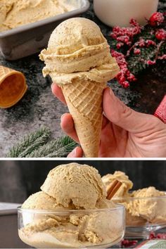 two pictures showing the same ice cream in different stages of being scooped into a bowl