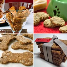 four different pictures with dog treats in the middle one has a bowl, two are cookies and one is biscuits