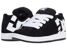 DC Kids Court Graffik (Little Kid/Big Kid) - Boys Shoes : Black/White 1 : Featuring a durable leather upper, lace-up closure and classic low-top round-toe silhouette, these DC Kids Court Graffik skate shoes will keep him on his feet from kickflip to toe flip. Sneakers boast a padded comfort collar, breathable mesh lining and low-key screen-printed logo on side. Vulcanized construction offers better board feel, sidewall grip, and optimum flex. Abrasion-resistant sticky rubber outsole features DC' Aesthetic Shoes, Dc Shoes, Dream Shoes, Pretty Shoes, Big Kid, Skate Shoes, Low Key, Boys Shoes