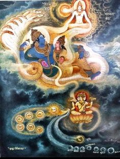 an image of deities in the sky with clouds