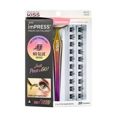 Lash in a flash with NO GLUE NEEDED - Just Press & GO! New imPRESS Falsies Self Adhesive Eyelashes, with Pre-Bonded Breakthrough Technology, are a game changer. The first ever press on under lash application lets you lash in 1 simple step. Pressure sensitive adhesive adheres instantly and lasts up to 24 hours. Easy removal with no residue and no damage to your natural lashes. Kit has enough clusters for 2-3 applications. With no mistakes and no mess, these lashes are for everyone! Falsies Eyelashes, Eyeliner Types, Eyelash Clusters, Applying False Lashes, Kiss Products, Kiss Lashes, Press On, Eyelash Extension Kits, Fake Lashes