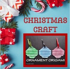 an origami christmas craft book with ornaments and presents on the cover, surrounded by candy canes