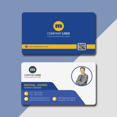 a blue and yellow business card with an image of a man in a suit on it