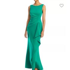 Sleeveless Side Tuck Ruffle Gown. Boat Neck. V-Back With Zipper Enclosure. Slightly Stretchy Fabric. Designed For Floor Sweeping Look. Worn Once To A Gala And Dry Cleaned. Vibrant Emerald Green. Perfect For Wedding Or Gala’s. Maxi Evening Dress, Evening Dress Collection, Ruffle Gown, Colorful Dresses Formal, Eliza Dress, Polyester Spandex Fabric, Eliza J Dresses, Eliza J, Maxi Dress Evening