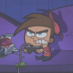 a cartoon character holding a game controller in front of a purple wall with graffiti on it