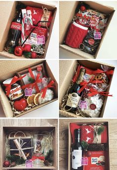 four pictures show the contents of a christmas gift box