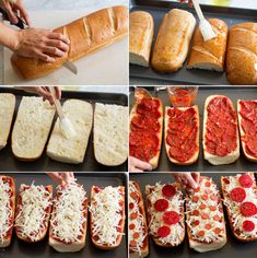 the process of making homemade pizza bread is shown in four different stages, including being sliced and put into loafs