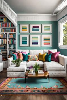 a living room filled with lots of furniture and bookshelves covered in colorful pillows