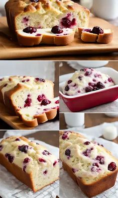 the steps to make cranberry bread on a cutting board with butter and berries