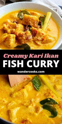 creamy kaffi khan fish curry in a white bowl