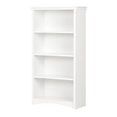 a white bookcase with three shelves on each side