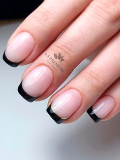 Black French Tip Nails With Gold, Black Tip French Nails, French Manicure With Black Tips, Black And Gold French Tip Nails, Black Tipped Nails, Black Tip French Manicure, French Manicure With Accent Nail, French Manicure Black, Trendy French Tip Nails