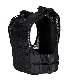 a black vest with mesh detailing on the front and back, it has an adjustable belt