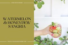 a person holding a glass filled with fruit and watermelon, honey dew sangria