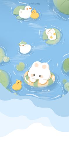 an animal floating on top of a body of water next to ducks and lily pads