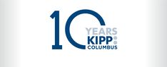 the 10 years kipp columbus logo is shown in blue and white, with an arrow pointing