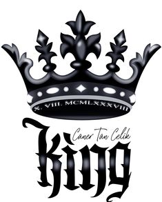 a black and white drawing of a crown with the word king on it's side