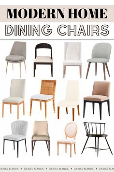 modern home dining chairs in various styles and colors, with text overlaying them