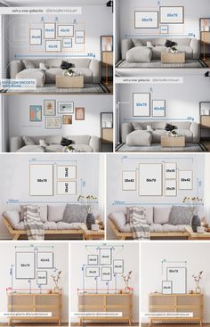 a series of photos showing how to decorate a living room