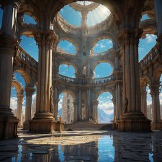 the interior of an abandoned building with columns and arches, looking out into the sky