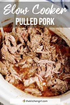 slow cooker pulled pork recipe in a white crock pot with text overlay