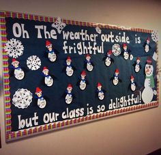 a bulletin board with snowmen on it and words written in different languages that read, oh the weather outside is frothiful but our class is so delightful