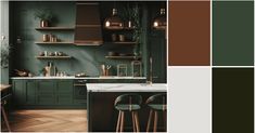 an image of a kitchen with green and brown color scheme for the walls, counter tops, cabinets and stools