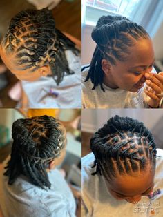 Dreads Styles For Women Starter, Short Dread Locs Styles, Starting Dreads With Short Hair, Half Up Half Down Loc Styles Locks, Short Dreadlock Styles For Women Black Locs, Dreadlock Updo Hairstyles Black Women Locs Styles, Halo Loc Styles, Dreadlock Buns Black Women Dreads, Styles For Short Locs For Women