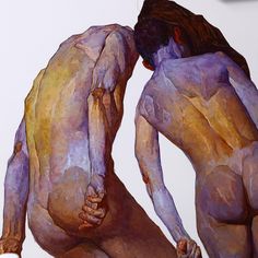 two nude women are touching each other with their hands and butts, painted in pastel colors