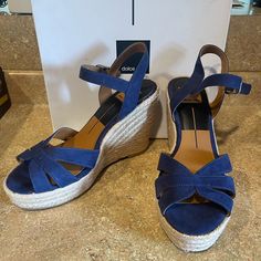 Never Worn, Navy Microsuede Platform Wedges. Casual Blue Suede Sandals, Blue Suede Casual Heels, Casual Suede Heels With Ankle Strap, Dolce Vita Shoes, High Wedges, Strappy Wedges, Swim Shoes, Platform Wedge Sandals, Leather Wedges