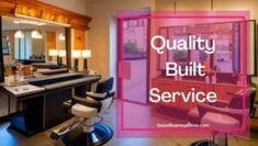 the interior of a salon with chairs, mirrors and lights in it that says quality built service