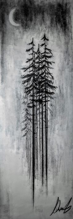 a black and white painting with trees in the background