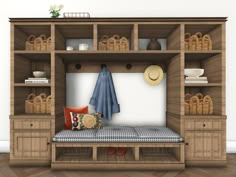 a wooden shelf filled with lots of furniture