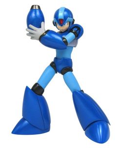 a blue robot with arms outstretched holding a ball