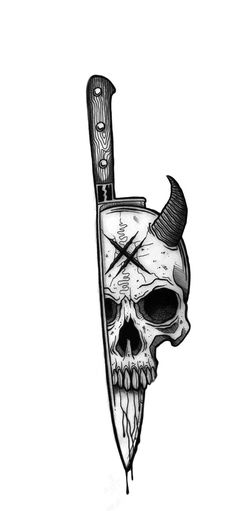 a drawing of a skull with a knife in it's mouth and a cross on the side