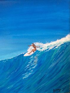 a painting of a woman on a surfboard riding a wave in the ocean,