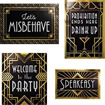 black and gold art deco signs with the words,'let's misbehave welcome to the party '