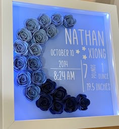 a blue glass frame with paper flowers in the shape of a heart and date for nathan xiong