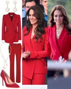 a woman in a red suit and heels