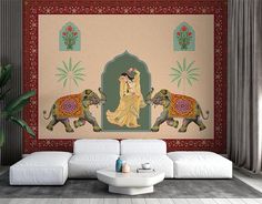 a living room scene with an elephant and two women on the wall, in front of a large painting