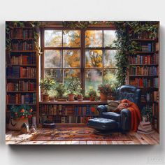 Quiet Library Corner - Paint by Numbers-Create a serene and cozy scene with our Quiet Library Corner Paint by Numbers Kit. Perfect for book lovers and aspiring artists.-Canvas by Numbers Library Painting, Cozy Library Room, Library Corner, Lantern Painting, Cozy Library, Paint Your Pet, Old Library, Cozy Chair, Personalized Artwork