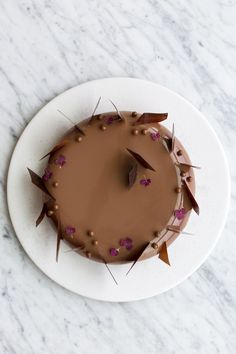 a white plate topped with a chocolate cake on top of a marble countertop covered in sprinkles