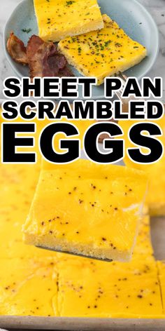 an egg and cheese sandwich on a plate with text overlay that reads sheet pan scrambled eggs