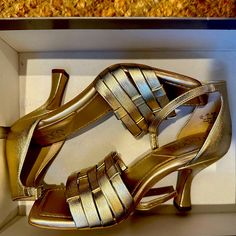 Beautiful And Surprisingly Comfortable! Or At Least They Were When I Tried Them On Early In My Pregnancy. Never Had A Chance To Wear Them And Now My Feet Are Forever Too Large. Size 7 But Feels Like A 7.5 To Me. Gold Sandals With 4-inch Heel Medium Width, Gold Sandals With 4-inch Heel And Medium Width, Gold Heels With Heel Loop And Medium Width, Gold Synthetic Sandals With Reinforced Heel, Gold Kitten Heels With 4-inch Heel For Summer, Summer Gold Kitten Heels With 4-inch Heel, Gold Sandals With Reinforced Low Heel, Gold Closed Toe Kitten Heels With Heel Strap, Gold Open Toe Heels Medium Width