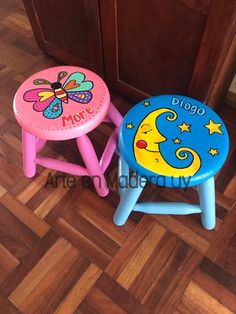 two children's stools painted in different colors