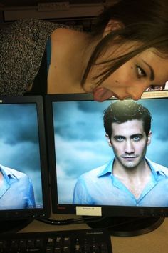 two computer monitors with the faces of twilight and edward pattie on them, each displaying an individual's face