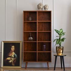 a wooden bookcase sitting next to a potted plant on top of a table